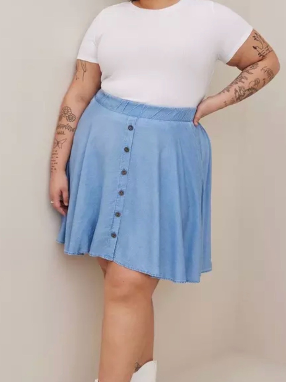 Torrid Blue Chambray Button Front Skater Skirt Size 1 1X